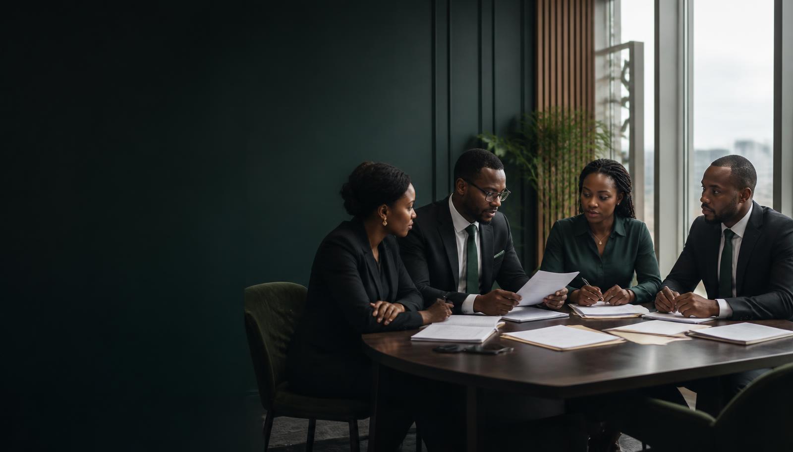 Kenyan legal professionals reviewing case papers around a conference table